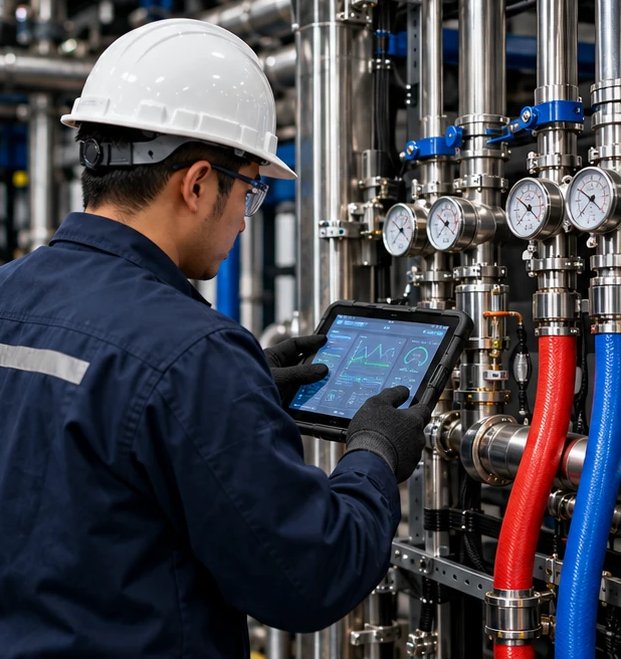 Technician with a tablet checking pressure gauges on liquid-cooling pipework