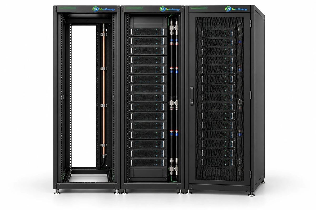 Three liquid-cooled racks: open frame with vertical manifold, populated rack with quick disconnects, and closed rack